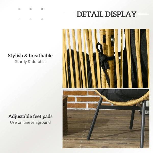Rattan egg chair base with adjustable foot pads and black cushion corner