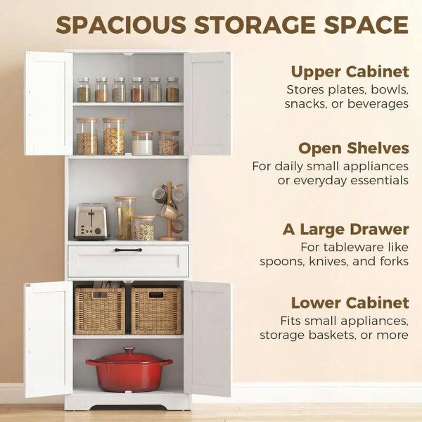 170 cm Tall Kitchen Pantry with Adjustable Shelves, Freestanding Storage Cabinet with Open Shelf, White Wood Effect