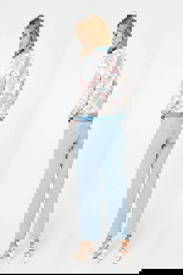 White | Floral Denim Trim Button Detail Jacket