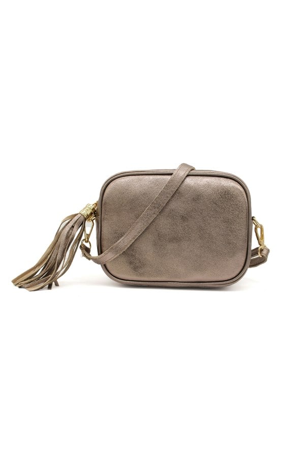 Pluspup Metallic Crossbody Bag with Zipper Closure and Tassel Detail