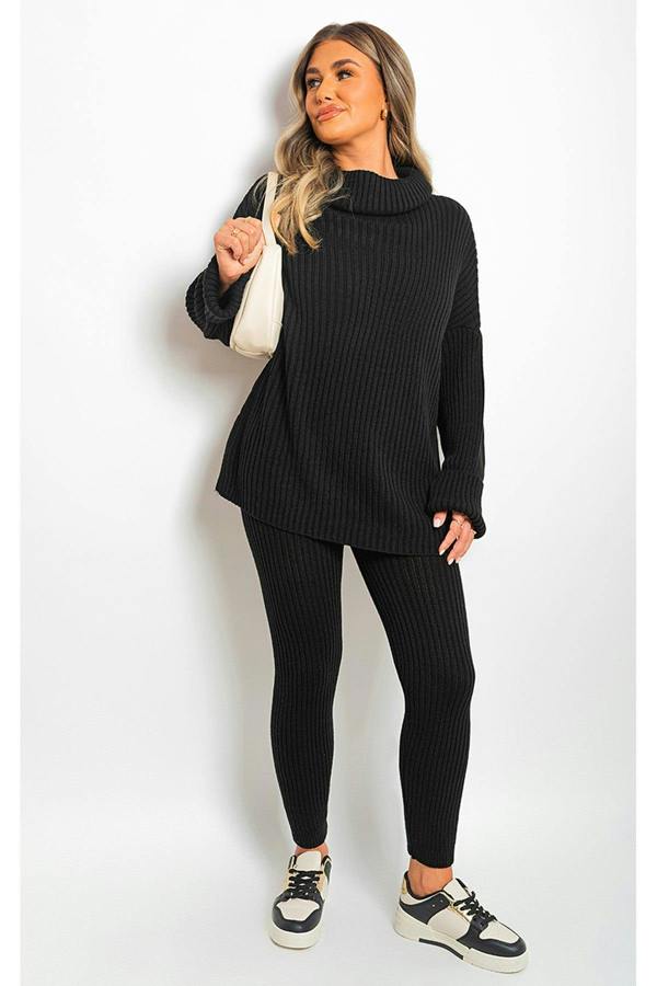 Mila Chunky Knitted High Roll Neck Top Bottom Co-ord Set - Black
