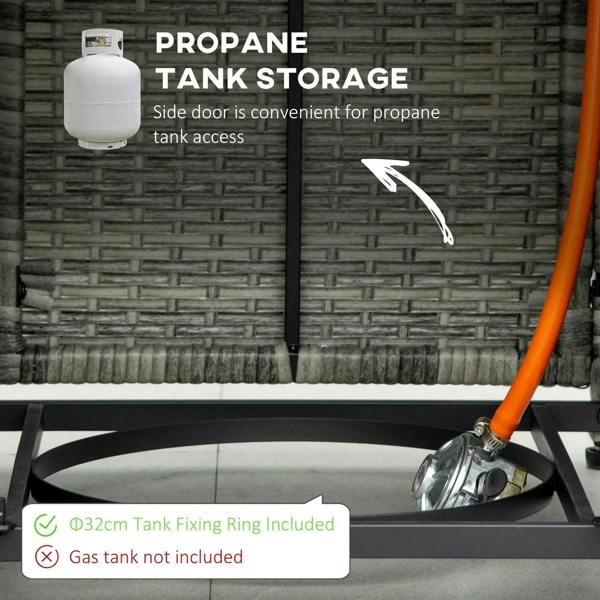 Propane gas fire pit table with side tank storage door, hose, and control valve