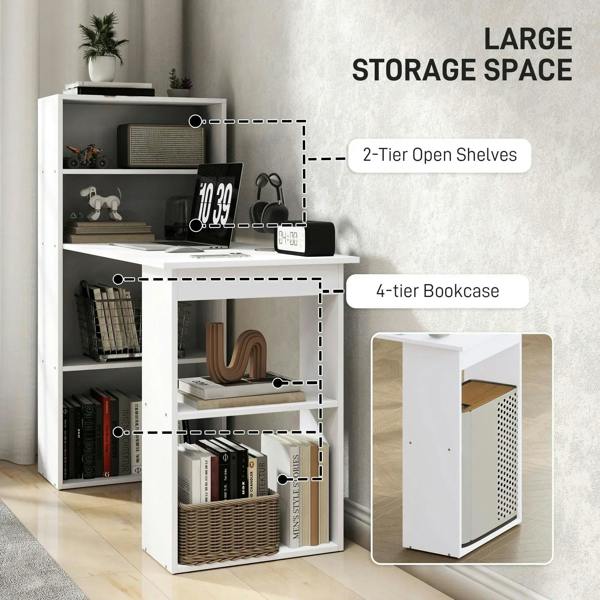 White desk with 2-tier open shelves and 4-tier bookcase storage