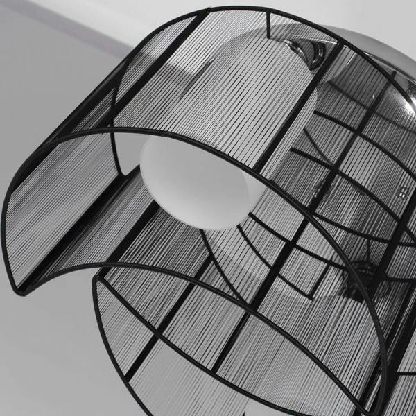 Black wire-cage semi-flush chandelier with inner circular shade and striped mesh panels.