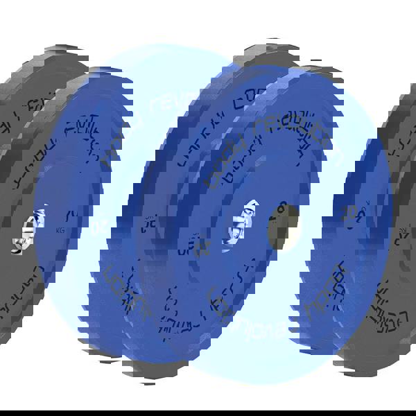 Blue 20kg Body Revolution Olympic bumper plates with a textured finish, featuring a central steel hub and bold black lettering