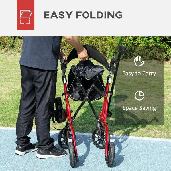 Lightweight Walking Frame, Folding Rollator Walker with Seat and Backrest, Red
