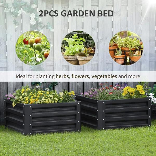 Set of two raised steel garden planter boxes with open beds and dark finish
