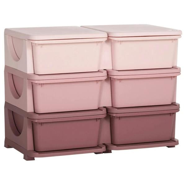 Pink six-drawer kids storage unit with six stackable bins and rounded pull handles