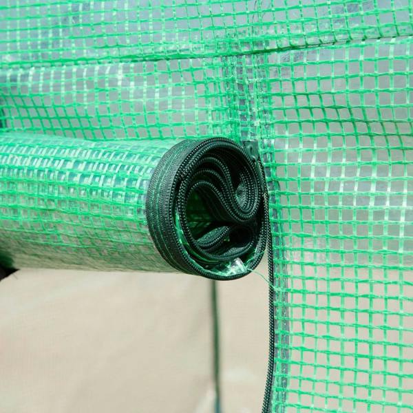 Rolled green mesh netting for a polytunnel greenhouse tent with stitched edge