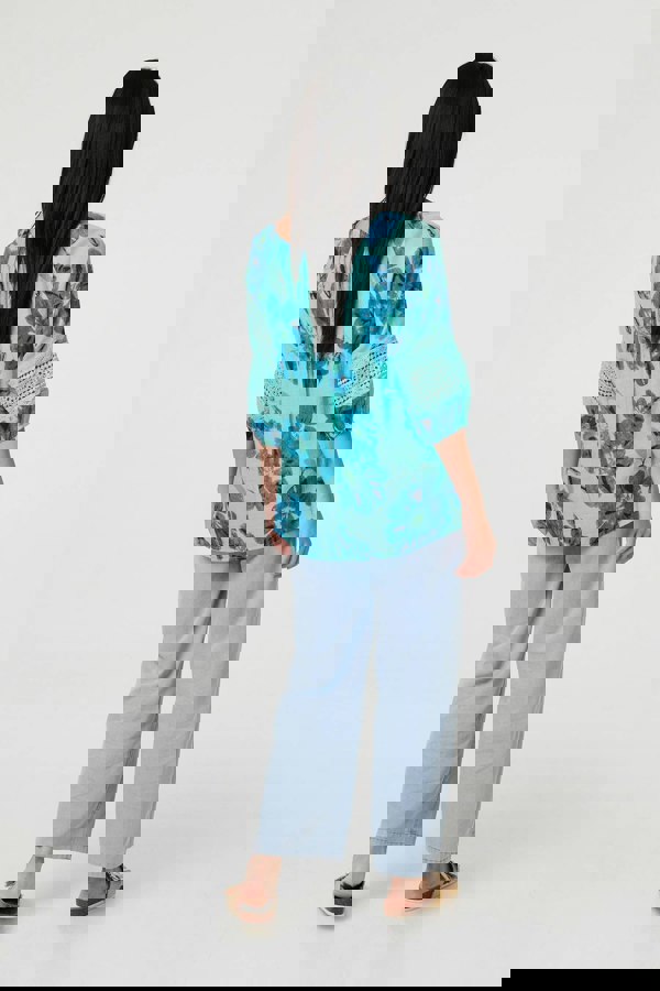 Blue | Floral Lace Trim Tie Front Bardot Blouse
