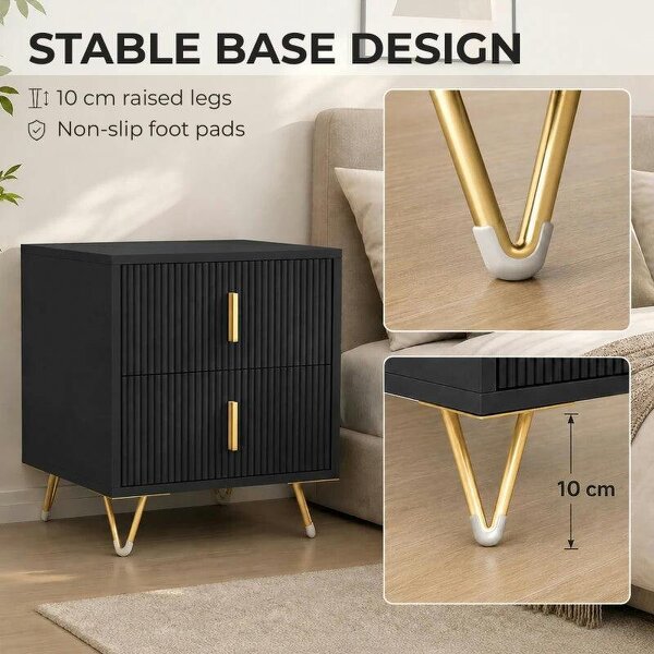 Elegant Fluted Bedside Table - Black/Gold-Tone