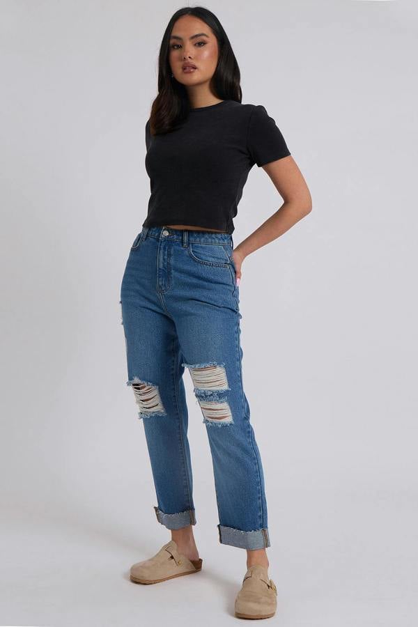 Urban Bliss Elliott Mid Blue Ripped Mom Jeans