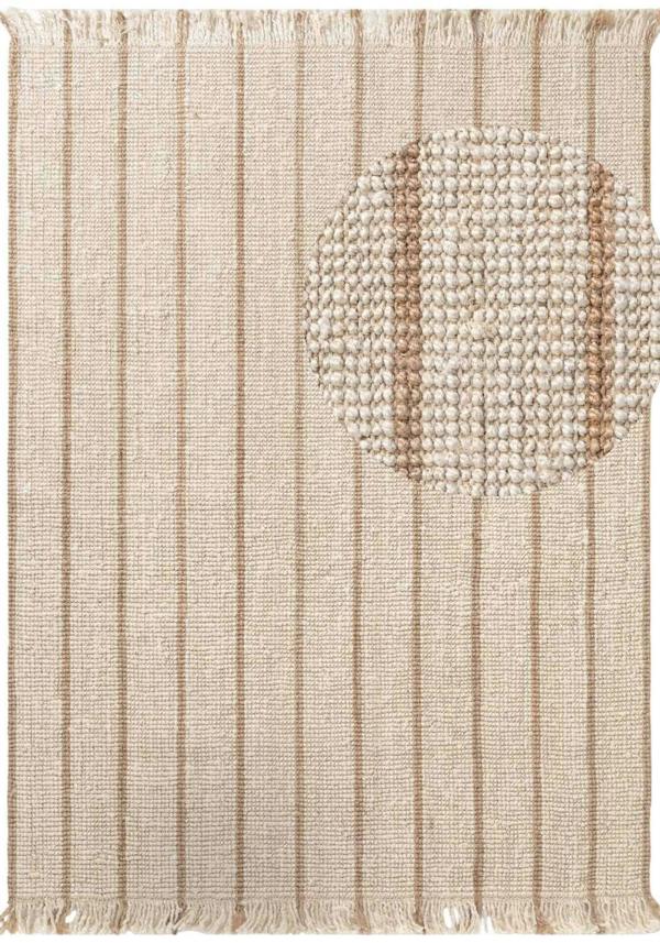 Textured beige rug with vertical stripes on a white background