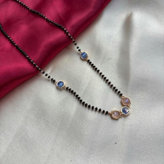 The Colourful Aura Black bead 18ct gold plated blue stone slim mangalsutra Pendant Necklace