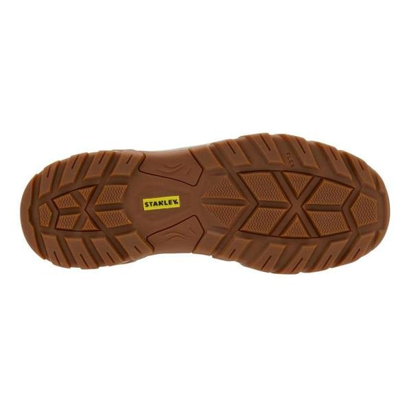 Stanley Tradesman Men's Steel Toe/Midsole Safety Work Boots, rugged brown sole with textured grip and yellow Stanley logo.