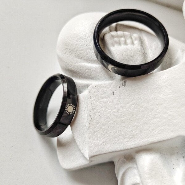 The Colourful Aura Black Band Matching Couple Moon and Sun Promise Ring set