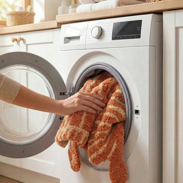 Person taking an orange towel out of a white washing machine in a kitchen.