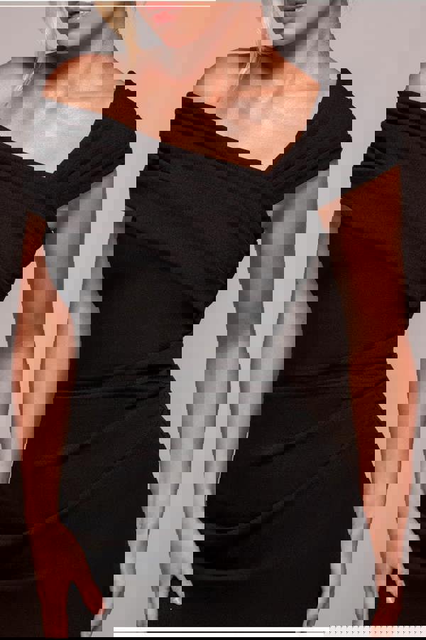 Scuba Crepe Pleated Drop Shoulder Midi Dress - Black DR4490