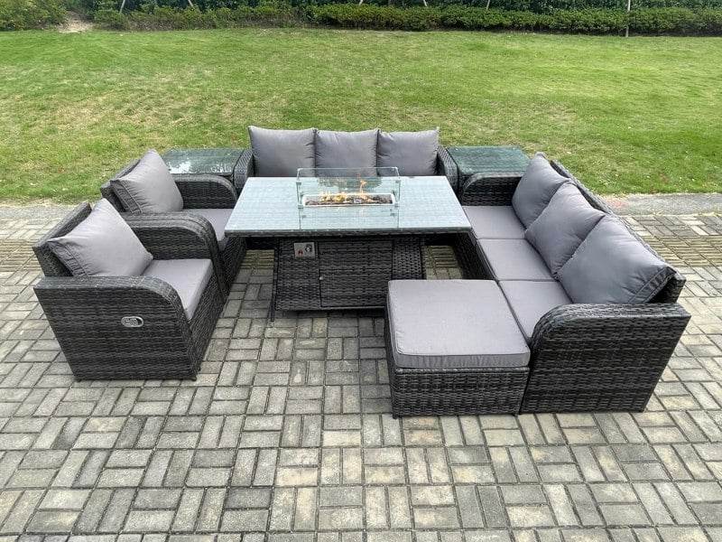 Fimous Rattan Outdoor Garden Furniture Set with Gas Fire Pit Dining Table, 2 Side Tables, 2 Chairs, 2 Sofas & 1 Footstool - 9 Seater - Dark Grey