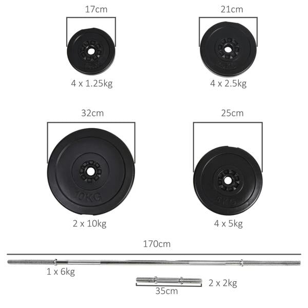 Black weight plate set size chart with multiple plate sizes and barbell sleeve