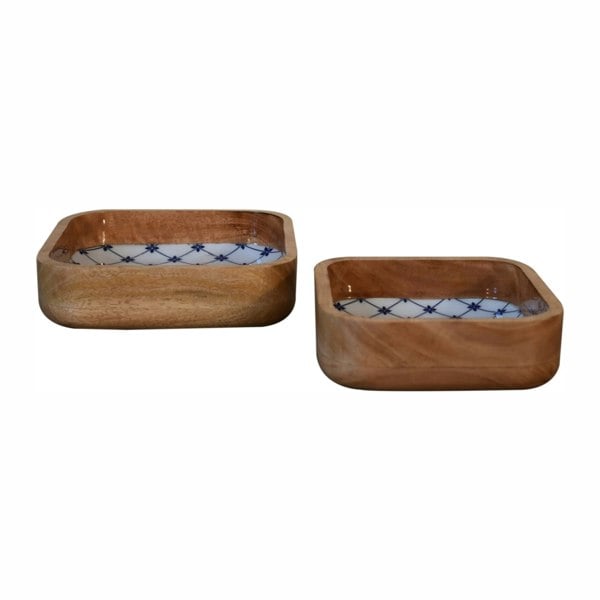 Artisan Furniture Solid Wood Blue and White Square Bowl Set of 2