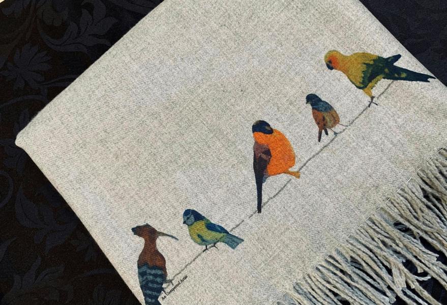 Art on Scarves Cashmere Feel Luxury Scarf Handprinted with Birds on a Wire