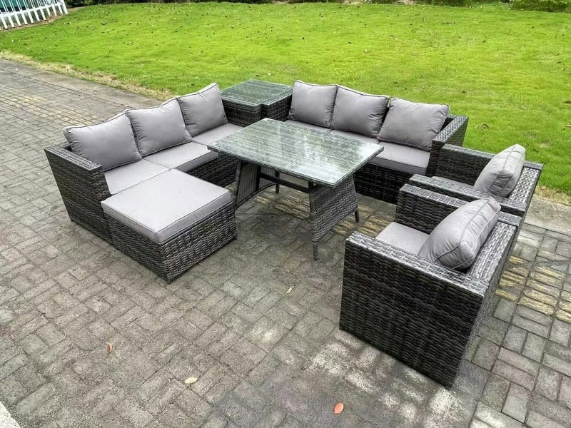 Fimous 9 Seater Wicker Rattan Outdoor Furniture Lounge Sofa Garden Dining Set with Dining Table 2 Armchairs Side Tables Big Footstool Dark Grey Mixed