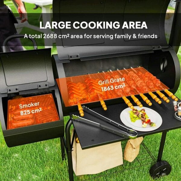 Bobobiy Barbecue Grill Portable Outdoor Charcoal BBQ Grill with Offset Smoker 109 x 60 x 120 cm Black