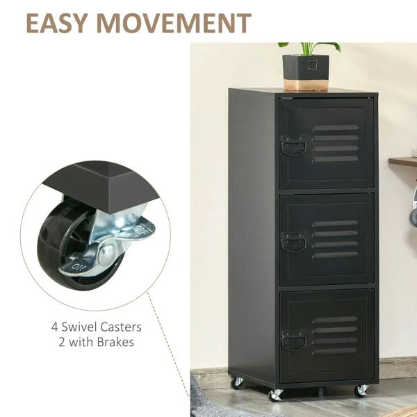 Black rolling cabinet on swivel casters with brakes and louvered metal door fronts.