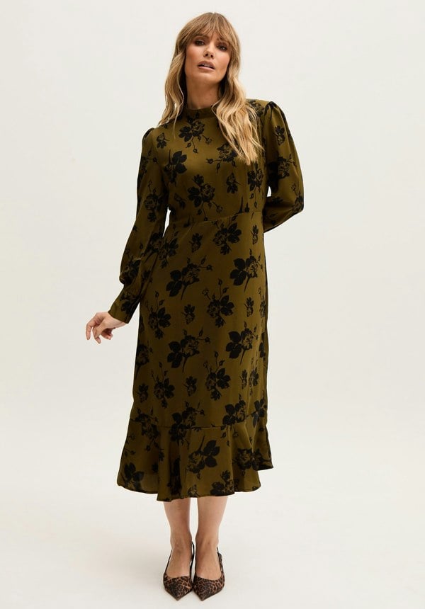 Scarlett High Neck Floral Print Midi Dress in Khaki- image 2