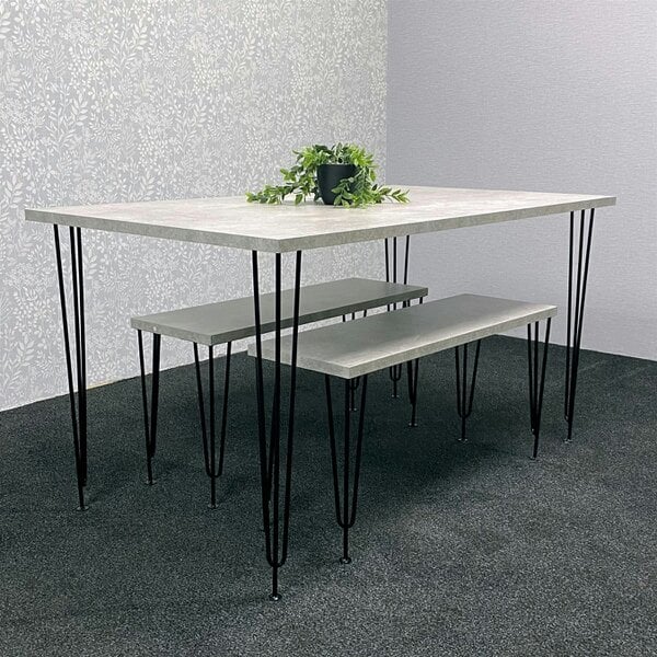 Kosy Koala Grey Dining Table with Hairpin Legs & 2 Matching Benches Set for Kitchen & Dining Room