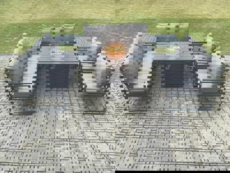 Fimous Aluminium Outdoor Garden Furniture Set Patio Lounge Sofa Gas Fire Pit Dining Table Set with 2 Side Tables Dark Grey