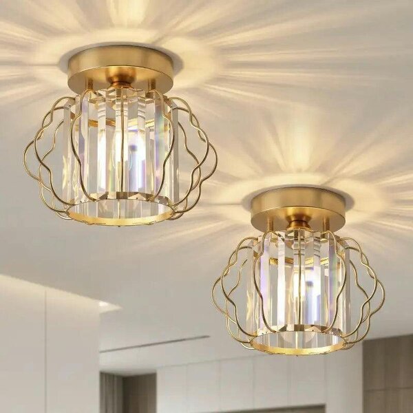 Crystal Ceiling Light Fixtures, Modern Semi-Flush Ceiling Lighting with Crystal Strips, 2 Pack, Gold Tone