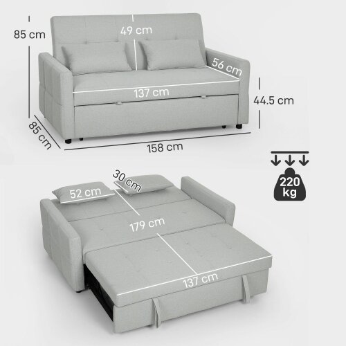 Wyld Haus Fapa Light Grey Fabric Upholstered 3 Way Convertible 2 Seater Sofa Bed