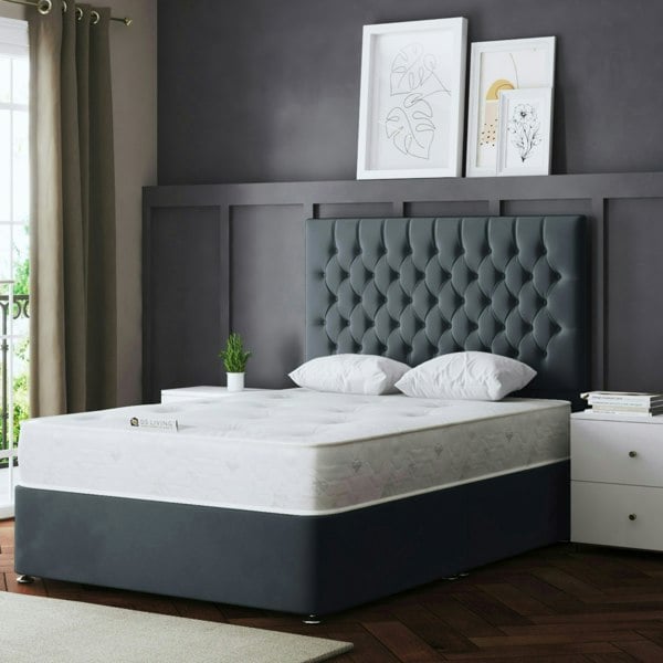 DS Living Seraphine Divan Bed with Upholstered Headboard - Two Drawers - Steel (Grey) - King