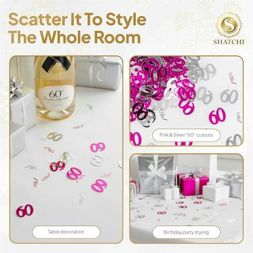 60th Birthday Pink and Silver Metallic Confetti Table Decorations, Pack Sizes for Party Styling image 8