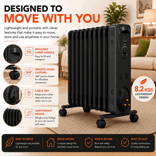 MYLEK Oil Filled Radiator 2500W Portable Heater Thermostat 3 Heat Settings Grey