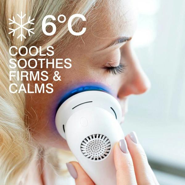 A woman uses the Rio Face Lift & Tone Beauty Spa on her cheek. Large text reads: 6°C Cools, Soothes, Firms & Calms. A snowflake icon highlights the cooling effect for firmer-looking skin.