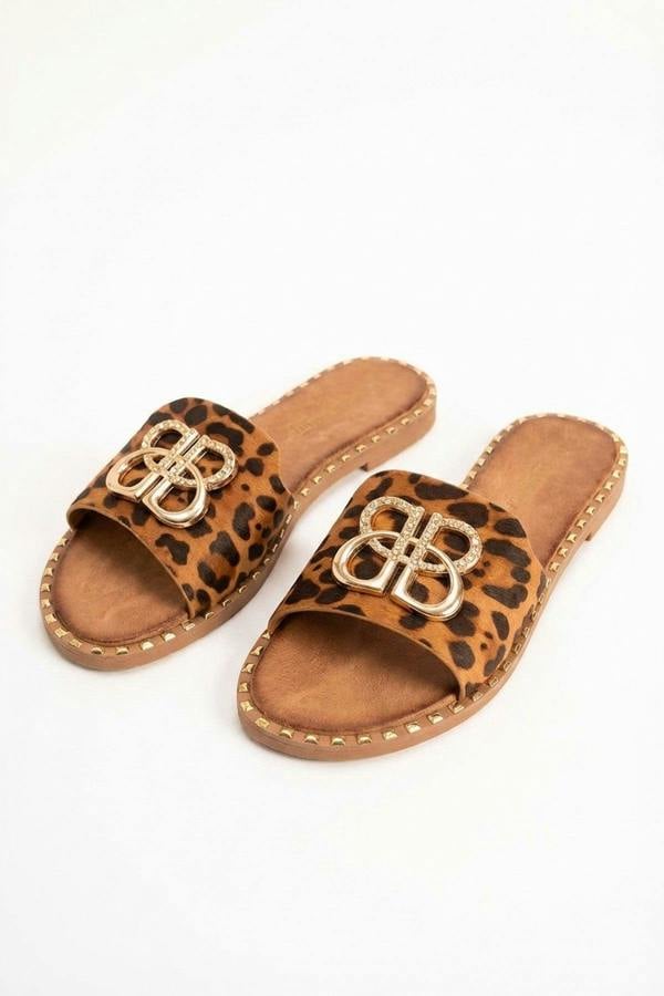 Abby Sparkle Buckle Gold Studded Flat Sandals - Leopard_wb