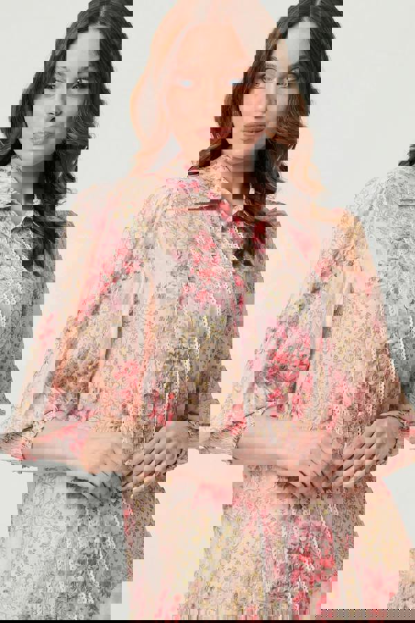 Pink | Floral Lace Trim 3/4 Puff Sleeve Shirt