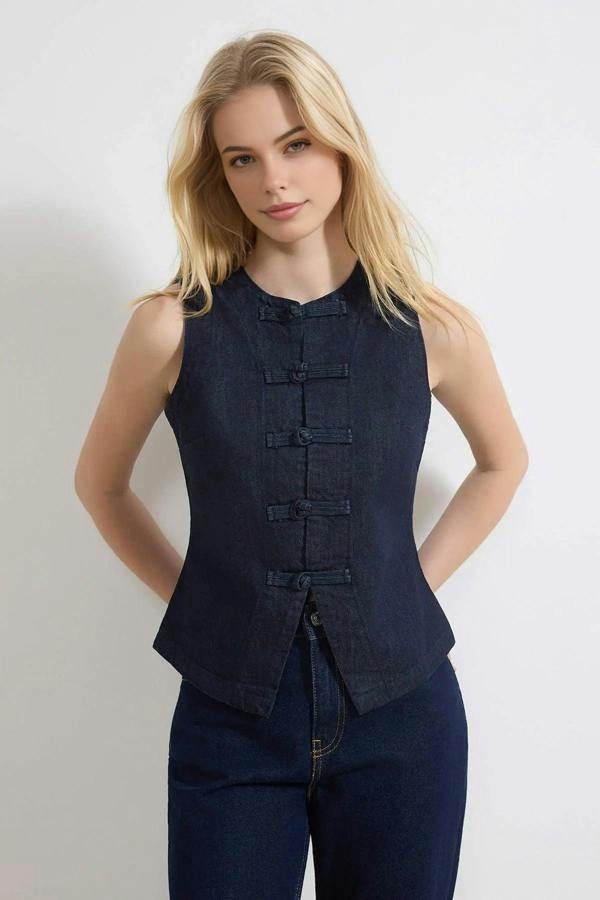 WOVCOR Button Detail Fitted 100% Cotton Denim Vest