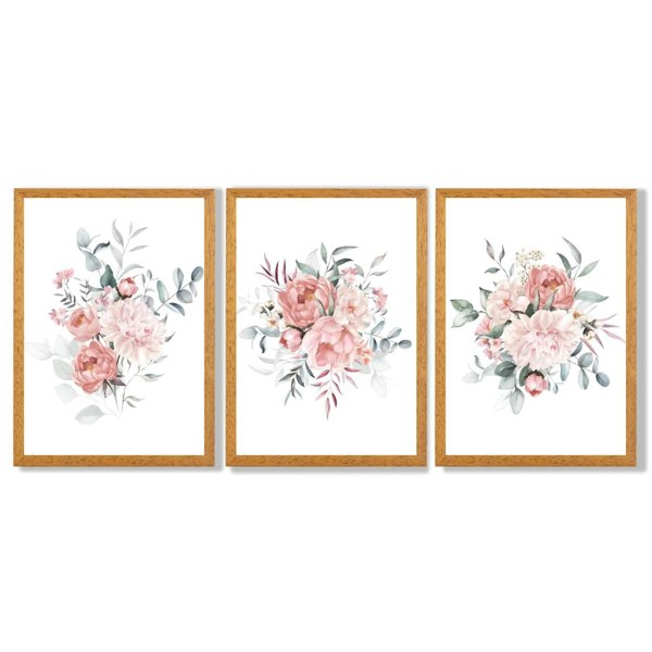 Pink Peonies Watercolour Floral Set of 3 Framed Art Prints with Oak Wooden Frames