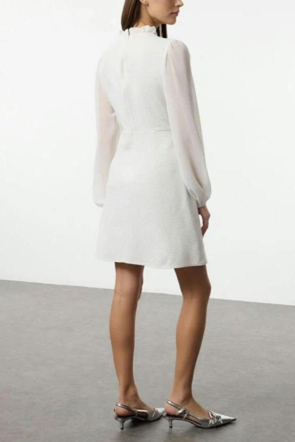 WOVCOR High Collar Tweed Mini Woven Dress with Chiffon Sleeves
