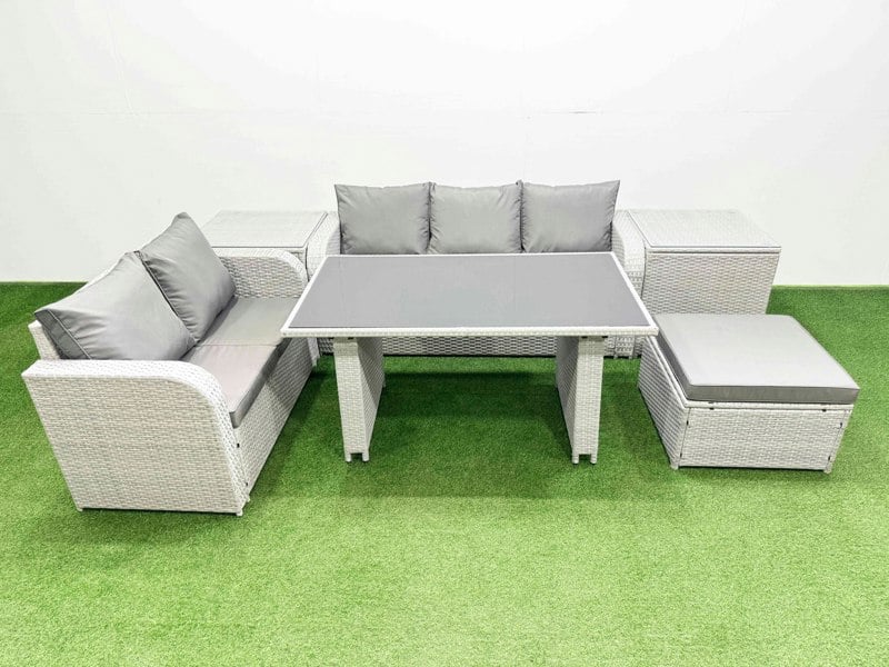 Fimous Garden Furniture Set PE Ratten Garden Sofa Set with Rectangular Dining Table Big Stool 2 Side Tables Light Grey
