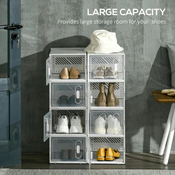 Clear stackable shoe storage boxes with magnetic doors, holding boots and shoes
