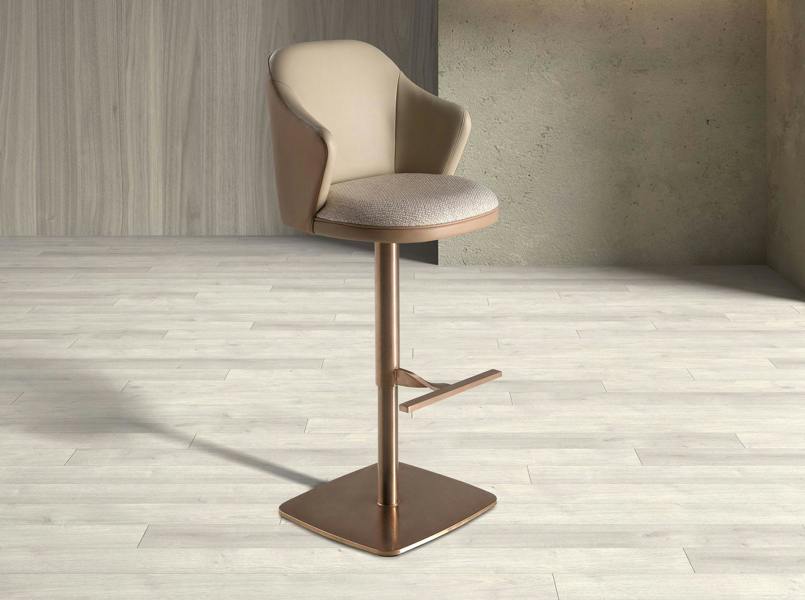 Angel Cerdá Swivel Stool in Cream Marbled Fabric and Brown Leatherette 4232