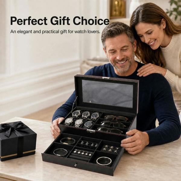 ilus Watch Box Watch Storage Jewelry Box 2 Layer Glass Lid Lockable Display Black
