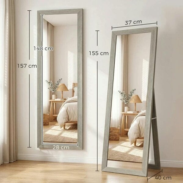 Full Length Mirror, 37 x 157 cm, Hanging or Freestanding, Rectangular Full Body Mirror for Living Room, Bedroom, Grey