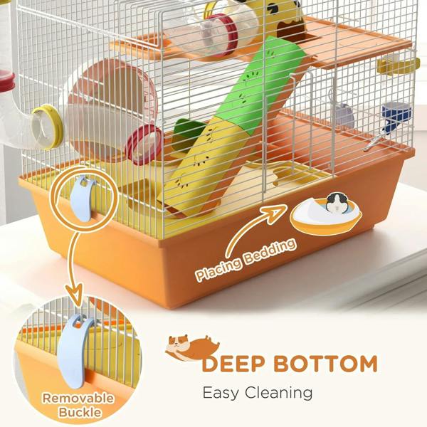 Orange wire gerbil cage with colorful ramps and deep base for easy cleaning