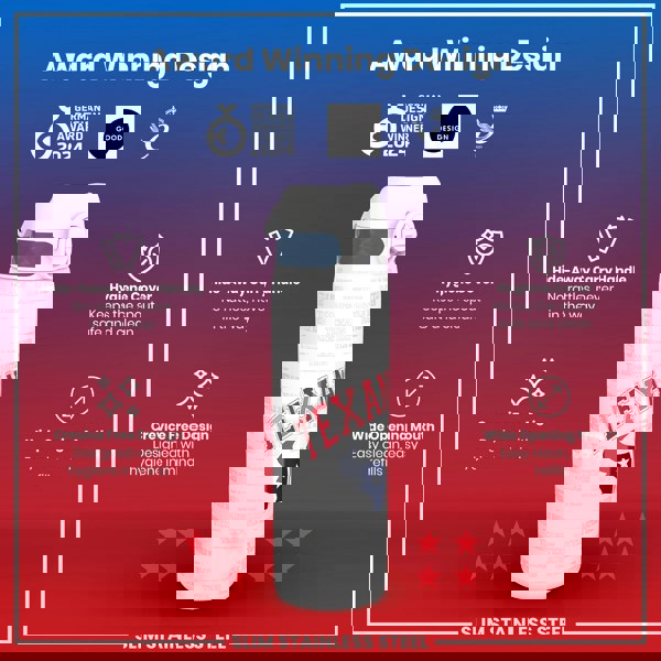 A slim stainless steel water bottle, displaying a team logo, sits against a red and blue gradient background; it features a hide-away handle, crevice-free design, hygiene cover, and wide mouth for easy cleaning and refills. Award Winning Design. German Design Award Winner 2024. Good Design. 2021.